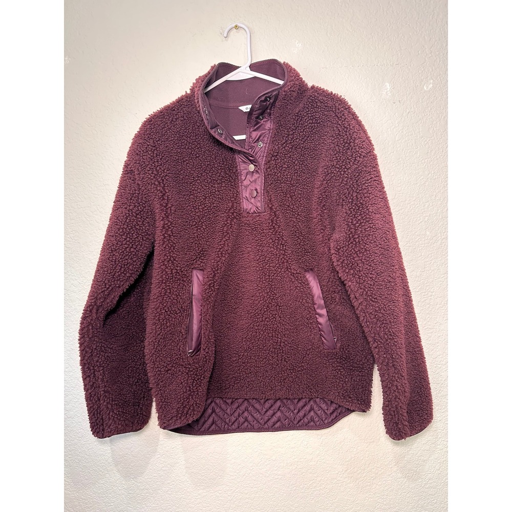 Athleta‎ Womens Sherpa Fleece Snap Mock Neck Pullover Burgundy Quilted Hem Small